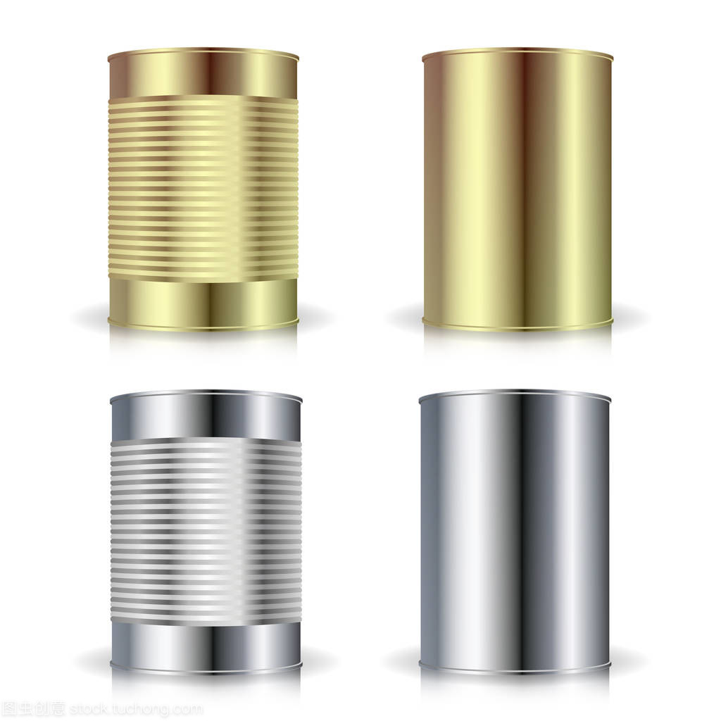 金屬罐矢量。帶陰影和反射現實空產品包裝模板。您設計的的空白